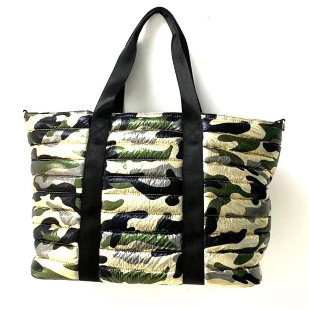 Gold Metallic camouflage Puffer Tote Bag Large with matching pouch inside